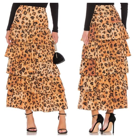 Mara Hoffman Marzia Tiered Ruffle Maxi Skirt Leopard Print Tan Brown Women's 0 - Picture 1 of 7